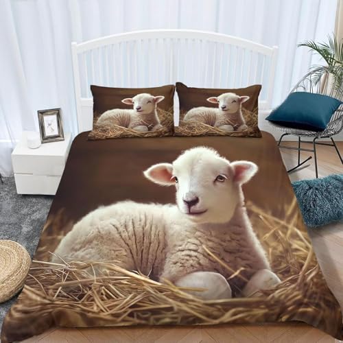 Bettwäsche 155x220 Lamm 3D Druck Bettbezug Kuschelig Weich Mikrofaser Bettwäsche Set 3 Teilig Bettwäsche-Sets Landhausstil Bettbezüge mit Reißverschluss und 2 Kissenbezüge 80x80 cm A/82