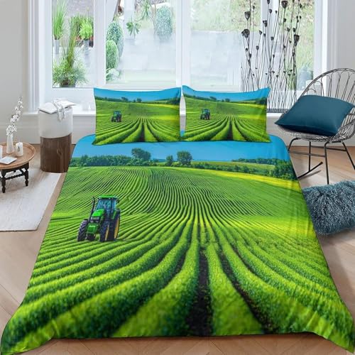 Landschaftsmuster Bettwäsche 200x200 3D Traktoren Bettwäsche-Sets Weiche Komfortabel Microfaser Bettbezug mit Reißverschluss and 2 Kissenbezüge 80x80 2369-B