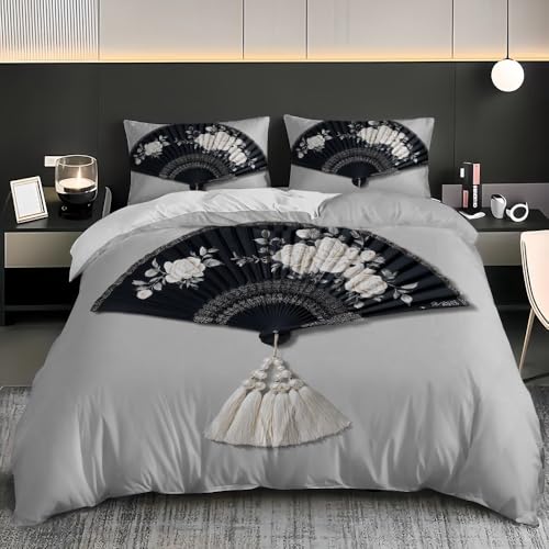Bettbezug 155x220 cm Weich Bügelfrei Erwachsene Bettwäsche 3-teiliges - Retro Orientalische Blumen Bettwäsche-Sets mit 2 Kissenbezug 80x80, Schwarz Bettbezug für Einzelbett mit Reißverschluss
