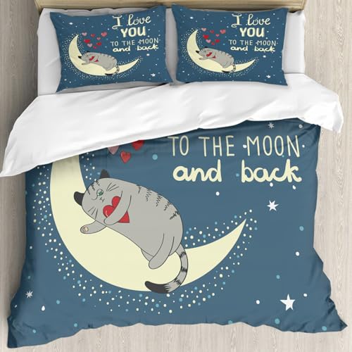 MJNLYDAO Sleeptime 100% Baumwolle Bettwäsche - Bettbezüge mit Reißverschluss - Set mit 2 Kissenbezüge,Liebeshinte rgrund mit süßer Katze und Mond. Ich Liebe Dich bis zum Mond und zurück,200x228 cm