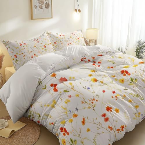 Bettbezug-Set Aquarell Elegante Wildblumen-Strichzeichnun g Bedrucktes, Weiches Gebürsteter Mikrofaser Bettwäsche Für Erwachsene Teenager Kinder 2 Stück Mit Reißverschluss 135 x 200 cm, Cremefarben