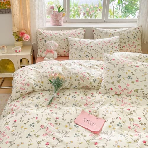 Nayoroom Bettwäsche 100% Baumwolle 155x220 Bunt Frühling Blumen Blätter Pflanzenmuster Weiß Grün Rosa Romantisch Hochwertig Bettbezug und 1 Kissenbezug 80x80 cm mit Reißverschluss