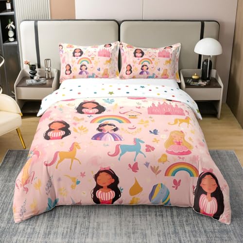 Loussiesd Magische Prinzessin 100% Baumwolle Bettwäsche Set 155x220cm Regenbogen Schloss Einhorn Druck Betten Set für Rosa Prinzessin Bettbezug Set für Zuhause