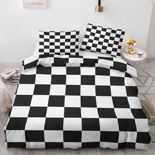 Bettwäsche 135x200 Schwarz Weiß Kariert Motiv - Schachbrett Bettbezug und 1 Kissenbezug 80x80, Weiche Bügelfreie Mikrofaser Deckenbezug 2er Set mit Reißverschluss, Wendebettwäsche & Deko M&-2699