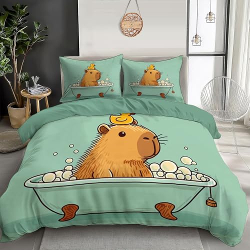 JSCWDET Bettwäsche135×200Cm,Car toon-Tiermuster Bettwäsche-Sets 2Teilig Bettbezug, Super Weich, Mit Reißverschluss Und Kissenbezug 80X80Cm?Süßes Capybara, Hellblau ?