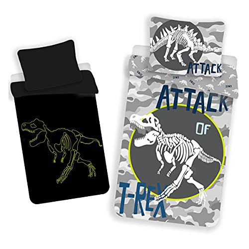 T-Rex Glow in the Dark Bettbezug für Einzelbett, Europäische Größe, Grau