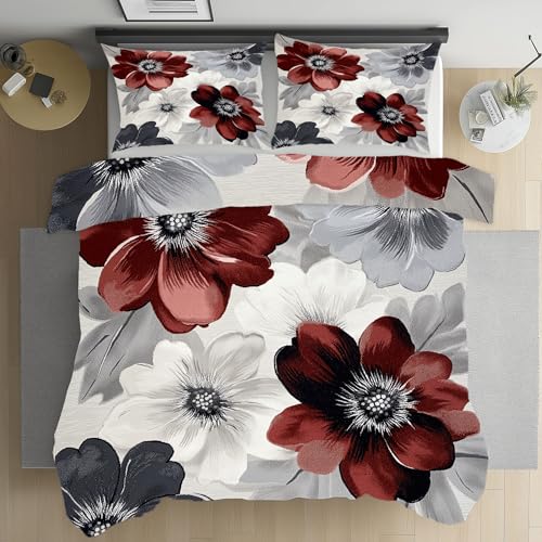 Tintenstil Mohnblume Bettwäsche 135x200 Orientalisch Malerei Microfaser Bettwäsche-Set mit Reißverschluss Elegant Blumen Blätter Wendebettwäsche, Enthält 1 Bettbezug und 2 Kissenbezug 80x80 cm