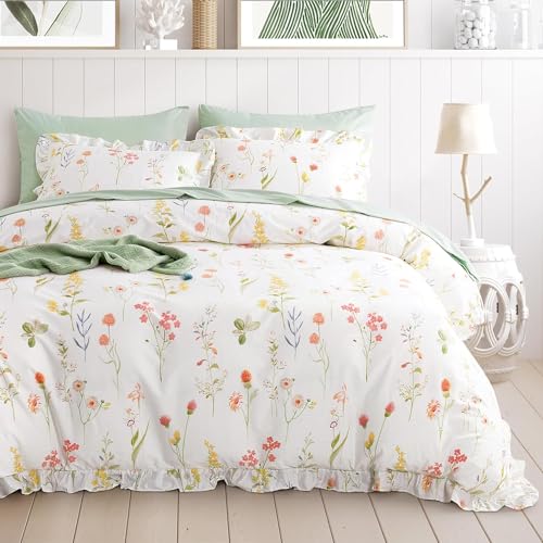Lanqinglv Bettwäsche 135x200 cm 4 Teilig mit Rüschen Decor Grün Weiß Bunt Blumen Pflanzenmuster Blätter 2 Bettbezug mit Reißverschluss und 2 Kissenbezug 80x80 cm