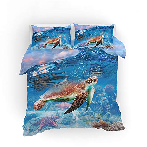Ste-X Bettwäscheset Mit Reißverschluss Schildkröte Und Quallen Bettbezug Bettwäscheset Mit Kissenbezug, 2/3 PCS Für Teenager Kinder, Glatt Und Bequem (1.2M Bed 135x200cm,Blau 01)