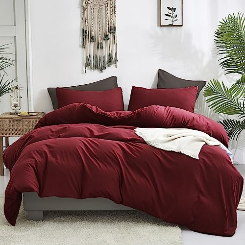 Luxlovery Burgunderrotes Bettwäsche-Set California King Claret dunkelrotes Bettwäsche-Set weinrote Decke, atmungsaktive Steppdecken, 3-teiliges Bettwäsche-Set für Damen und Herren