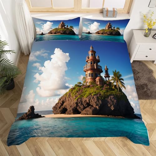 3D Schlossberg Bettwäsche 220x240 Seenlandschaft Weiche Microfaser Bettwäsche-Sets Bettbezug mit Reißverschluss und 2 Kissenbezug 80x80 cm