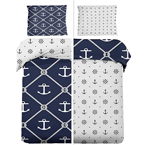 WQIZXCW Anker Bettwäsche 135x200, Maritim Marine Microfaser Bettbezug Set 2 Teilig - Weich & Angenehm & Atmungsaktiv, 1 Bettbezüge mit Reißverschluss + 1 Kissenbezug 80x80 cm