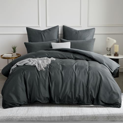 Aisbo Bettwäsche 200x200 3 teilig Bettdeckenbezug - Bettwäsche Set 200x200cm Gestreift Anthrazit Muster mit 2 Kissenbezügen 80x80 cm, Mikrofaser Bettbezug mit Reißverschluss, Bügelfrei und Weich