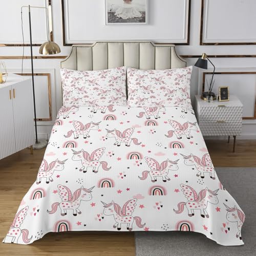 Einhorn Kinder Bettwäsche Set L Größe,Pink Rainbow Stars Cloud Print Tagesdecke Mädchen Teens Zimmer Dekor,Träumiges Einhorn Tröster Set Pink Dots Quilt Coverlet,2 Kissenbezug