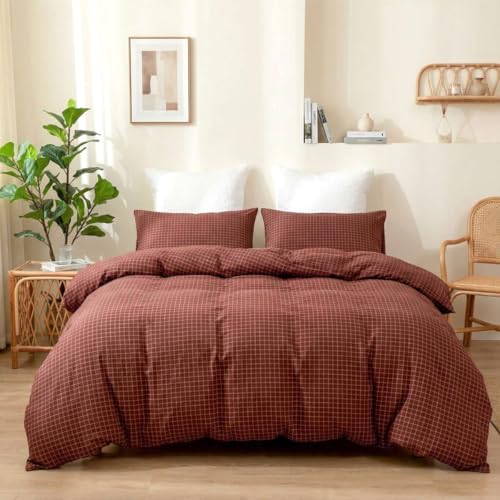 Covebett Bettwäsche 135x200 Kariert Rot Karo Muster Modern Bettwäsche Set Landhausstil Burgunderrot Karomuster Renforce Gewaschene Microfaser Bettbezug und Kissenbezug 40x80cm mit Reißverschluss
