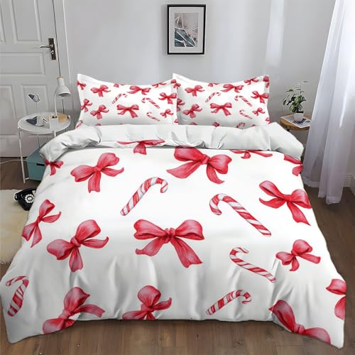 Generisch Weiß Bettwäsche 135 x 200 cm Weihnachts Zuckerstange Bettwäsche Jungen Teenager Jugendliche Kinderbettwäsche Mikrofaser 3D-Druck Bettbezug und 2 Kissenbezug 80x80 Geschenk