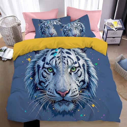 Bettwäsche 200*200cm Marineblau Wild Technology Tiger Bettbezug Set 3 Teilig Realistische Tierwelt Blümchen Blumenmuster Weich Bettwäsche-Sets mit 2 Kissenbezüge 80x80 cm und Reißverschluss