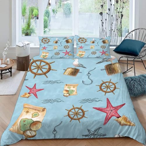 MOXINO 3D Maritime Bettwäsche 155x220 cm 3teilig Seestern Anker Bettwäsche für Teenager Leicht Mikrofaser Bettbezug Sommer Weiche Bettbezüge mit 2 Kissenbezüge 80x80?Muster 127-7?