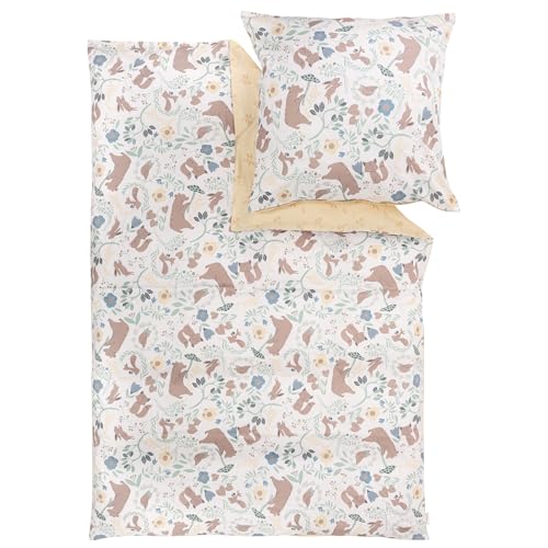s.Oliver Kinderbettwäsche Waldtiere 100x135 cm - 100% Baumwolle, praktischer Reißverschluss & maschinenwaschbar, Bettwäsche für Kinder 2tlg. Tiere gelb bunt