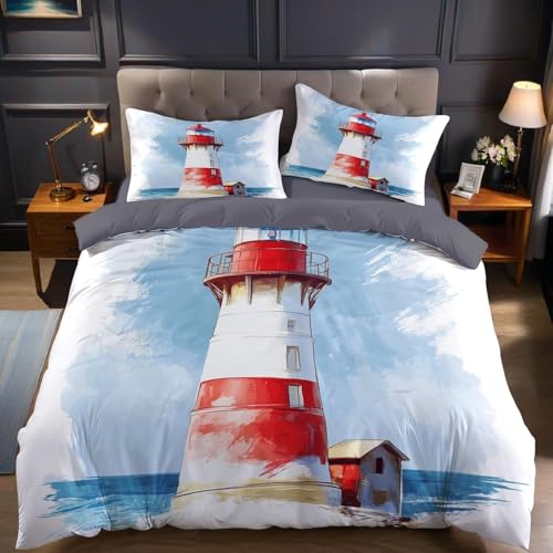 Bettwäsche 200x200 Maritimer Stil Bettbezug 200x200 Leuchtturm Bettbezug mit 2 Kissenbezüge 80x80cm, Bettwäsche-Sets Microfaser mit Reißverschluss a790