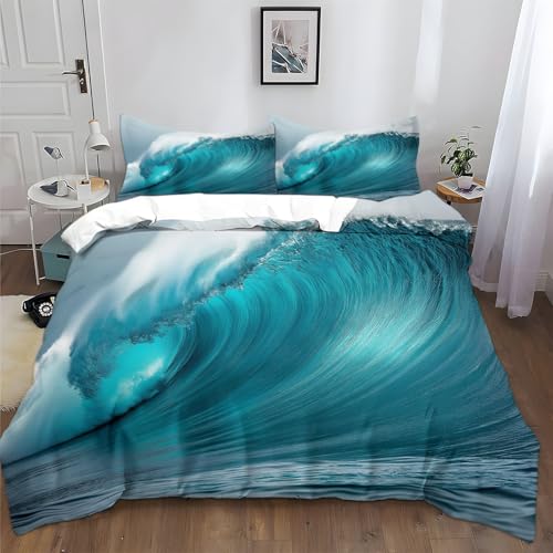 Blau Türkis Wellen Bettwäsche 155x220 cm Türkis Bettwäsche-Sets Polyester Baumwolle Bettbezug 3 Teilig, Atmungsaktiv Bettwäsche Set mit Reißverschluss and 2 Kissenbezüge