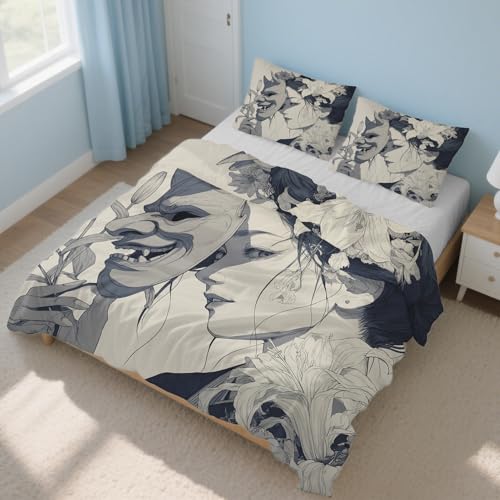 Generisch Bettwäsche Japanische Geisha, Bettwäsche 220x240cm Asiatisch Orientalisch, Weiche Angenehme Mikrofaser 3 Teilig mit Reißveschluss 2 Kissenbezüge Wendebettwäsche Bettbezug Set L-48