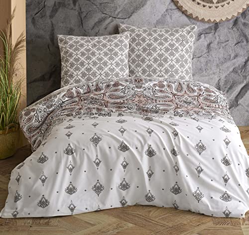 one-home Bettwäsche Set Ornamente Paisley braun beige Natur Wende Baumwolle Renforce, Größe:4 teilig 135x200 cm - Normalgröße