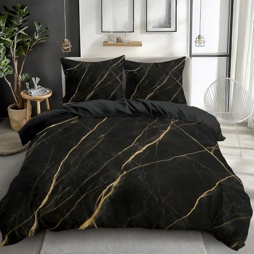 Bettbezug Set Schwarz Ultraweiches dreiteiliges 100% Polyester mit Zwei Kissenbezügen und Bettbezug mit Reißverschluss Goldener strukturierter Marmor Bettwäsche Sets 240 x 220 cm