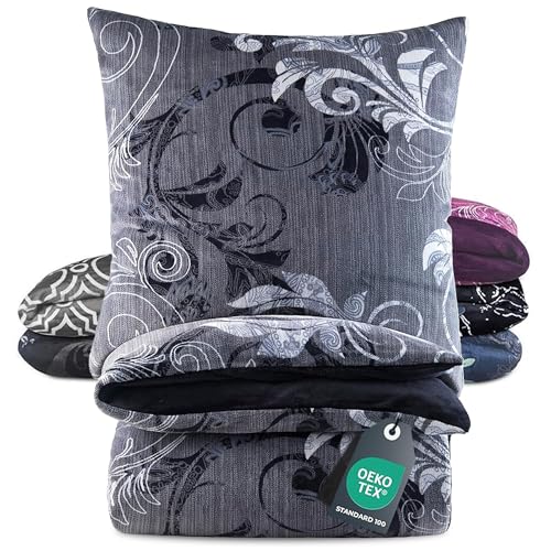 BaSaTex Winter Plüsch Cashmere Touch Bettwäsche Set Nicky Teddy Flausch Coral Fleece | 135x200 Bettbezug + 80x80 Kissenbezug | Design:Ranke Anthrazit