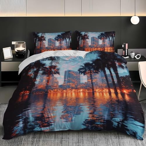 Moderne Stadtarchitektur Bettwäsche 135x200 Sonnenuntergang Bettwäsche-Sets für Kinder Jungen Bettbezug Set 3D Druck Bettbezüge Weiche Mikrofaser mit Reißveschluss und 2 Kissenbezüge B.1247