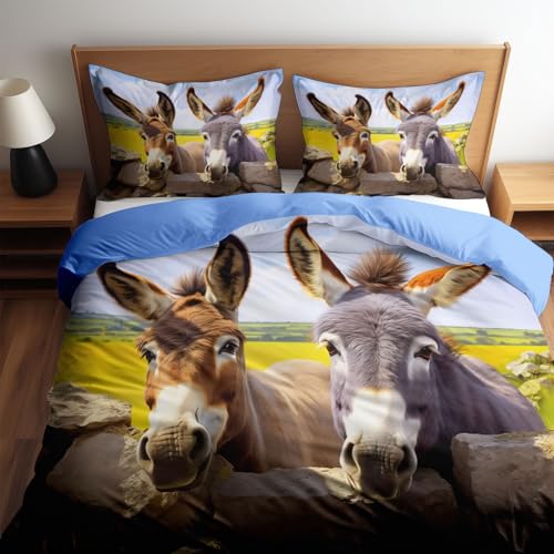 Generisch Bettwäsche-Set 135 x 200 cm 3teilig, Blau Bettwaren-Sets Landhaus Esel Bettbezug, Weich Microfaser Bettbezug mit Reißverschluss und 2 Kissenbezug 80 x 80 cm