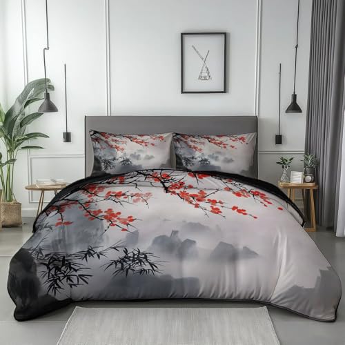 Bettwäsche 140 x 200 cm Bettwäsche aus Microfaser Weich Schlafzimmer Dekoration Orientalische Tuschemalerei Blumen Berge Bettwäsche Set Bettbezug mit Reißverschluss und 2 Kissenbezug 80x80 cm Schwarz