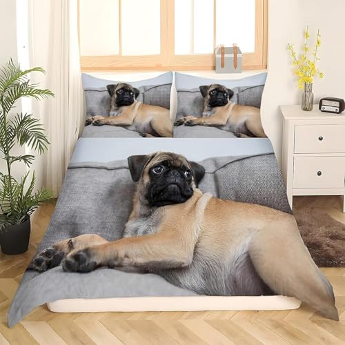 Mops Bettwäsche 140x200 Hund Bettwäsche Set, 3D Bettbezug Set Weich Microfaser Bettbezüge 3 Teilig Junge, Mädchen Wendebettwäsche für Kinder Erwachsene mit 2 Kissenbezüge 758e