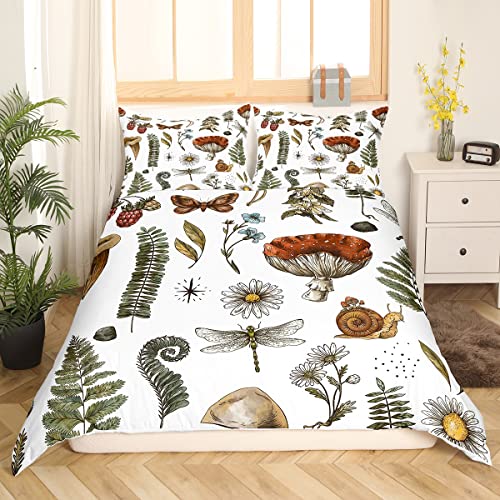 richhome Pilz Bettbezug 135x200 Wilde Libelle Schmetterling Hippie Daisy Bettwäsche Set Botanische Blätter Outdoor Pflanzen Rustikale Tröster Bezug mit 1 Kissenbezug