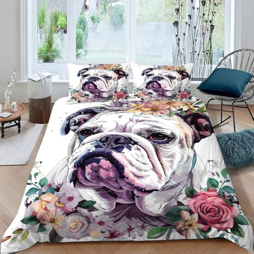 Generisch Mops Bettwäsche 135x200 Tiere Blumen 3D Drucken Bettwäsche-Sets 3teilig für Jungen Mädchen Mikrofaser Bettbezug mit Reißverschluss und 2 Kissenbezug 80X80 R411