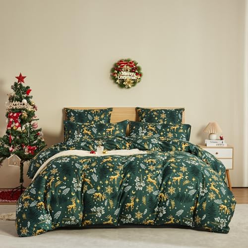 Luowei Weihnachts Bettwäsche 155x220 cm Grün Weihnachtselch Muster Winter Bettbezug Schöne Elegante Mikrofaser Bettwäsche Set Reißverschluss und 2 Kissenbezug 80x80 cm
