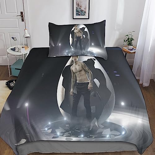 YINGD Justin-Bieber Bettwäsche-Set, 3D-Bettbezug, bedruckt, 2-teilig, Mikrofaser-Bettwäsche mit Reißverschluss, Kissenbezüge für Einzelbett oder Doppelbett, Einzelbett, 200 x 200 cm