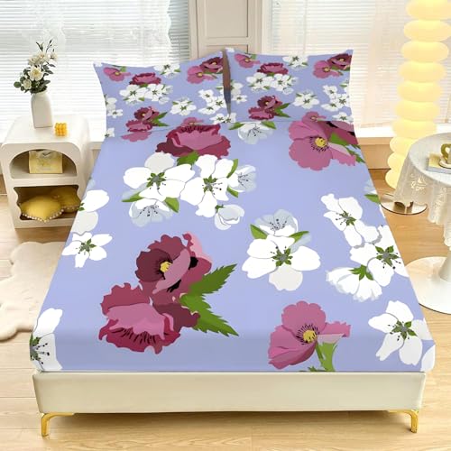 Spannbettlaken-Set für Super-Kingsize-Bett weich, Gemütlich,Lila Blumen Im Landhausstil 3-teiliges Mikrofaser-Bettwäsche-Se t, 180 x 200 cm,30 cm Tasche Inklusive 2 Kissenbezügen 50 x 75 cm L846
