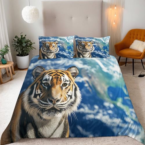 Generisch Star Tiger Bettwäsche Set 135x200 3teilig Natur Und Universum Mikrofaser Betten Set,1 Bettbezüge 135x200 cm + 2 Kissenbezüge 80X80 cm mit Reißverschluss für Jungen Kinder Mädchen