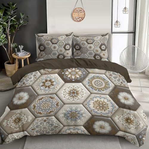 SMBHIAON Braune Sechseckige Fliesen Bettwäsche 135×200Cm 3D Traditioneller Ethnischer Stil Bettwäsche-Sets,Weiche Kuschelig Beige Mikrofaser Bettbezug Mit 1 Kissenbezüge 80X80 cm Mit Reißverschluss