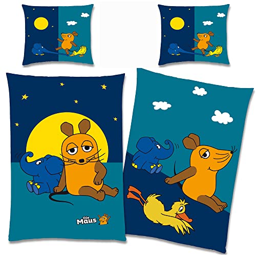 Die Sendung mit der Maus Kinder-Bettwäsche Night Blau 135 x 200 + 80 x 80 100% Baumwolle Renforcé / Linon-Qualität Sterne Mond Ente Elefant Wende-Bettwäsche mit YKK-Reißverschluss deutsche Größe
