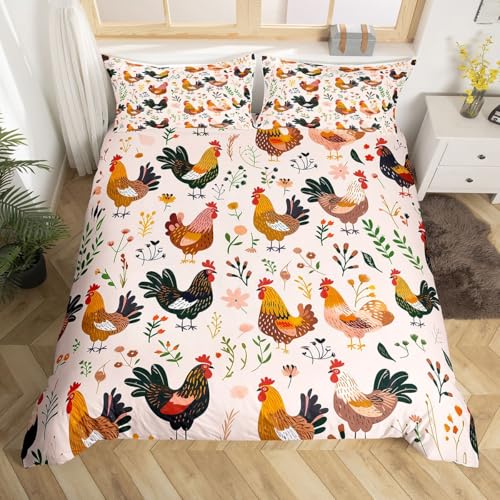 Retro Rooster Bettwäsche Landhausstil Hühner Daunenbezugsdecke Rustikale Blumen Blätter Daunendeckozubehör Zimmereinrichtung für Jungen und Mädchen Beige Braun S Bettwäsche-Sammlung, ohne Daunendecke
