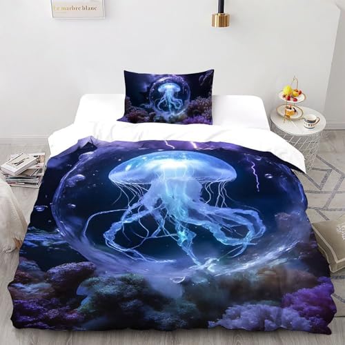 SHOVERKD Violett JellyFisch Bettwäsche-Set 3D Gedruckt Das Meer. Wild Tiere Microfaser Single?135x200cm?,Mikrofa ser Polyester Mit Reißverschluss 2Pcs Für Kinder