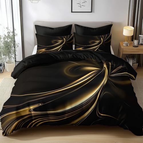 Bettwäsche Set 135x200cm Schwarze Und Goldene Abstrakte Textur Bettbezug Set, Weich Antiallergen Bettbezüge mit Reißverschluss und 2 Kissenbezüge 80x80 cm für Kinder Erwachsen Jugendliche Bettwäsche Set 135x200cm Schwarze Und Goldene Abstrakte Textur Bettbezug Set, Weich Antiallergen Bettbezüge mit Reißverschluss und 2 Kissenbezüge 80x80 cm für Kinder Erwachsen Jugendliche