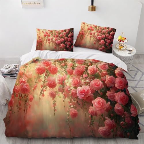 Rose Bettwäsche 200x200 Natürliche Pflanzen Bettbezug 3D Weiche Mikrofaser 3 Teilig Bettwäsche-Sets mit Reißverschluss und 2 Kissenbezüge 80x80 cm für Erwachsene K.165