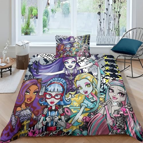 Monster High Bettwäschegarnitur 3D Gedruckter Animierte Figuren Für Kinder Mädchen Jungen Bettbezug Set Und Kissenbezüge Reissverschluss Weich Microfaser Bettwäsche 3 Teilig Single?135x200cm?