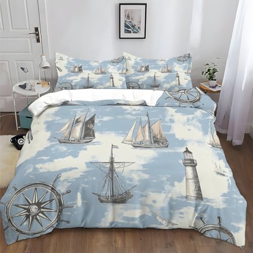 Schiff Kompass Leuchtturm Bettwäsche 155x220 cm Bettwäsche 3er Set Weich Gemütlich Feuchtigkeitstransport Blau Bettwäsche Set für Erwachsener Kinder Schlafzimmer