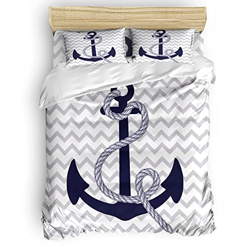 WQIZXCW Bettwäsche 155x220 Maritime Anker Muster, 100% Mikrofaser Bettwäsche-Sets 2teilig, Weiche Bettbezug Set mit Reißverschluss, 1 Kopfkissenbezug 80x80 cm