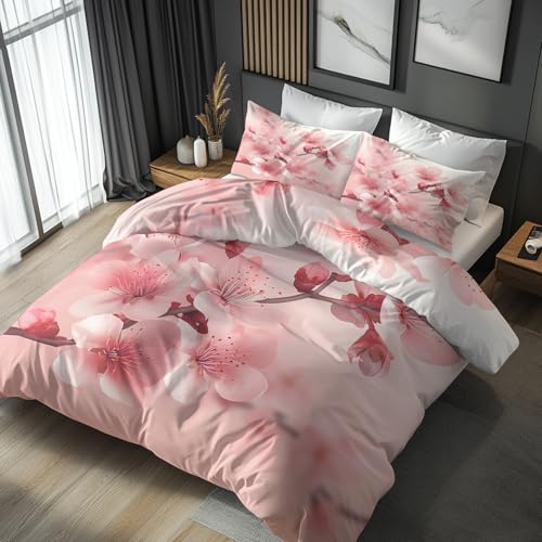Generisch Bettwäsche 140x200 Japanische Kirschblüten Design, 2teilig - Pink Floral Bettbezug und 1 Kissenbezug 70x90, Wendebettwäsche, Schlafzimmer Deko, Mikrofaser, mit Reißverschluss 2dAS-92