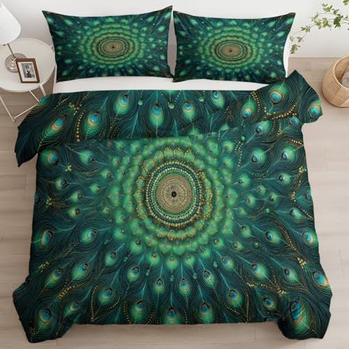 Türkis Bettwäsche 180 x 200 cm Bettbezug, Tier Pfau Feder Streifen Weich Bettwäsche-Set Atmungsaktiv Maschinenwaschbar Bettbezüge für alle Jahreszeiten mit Reißverschluss und Kissenbezüge